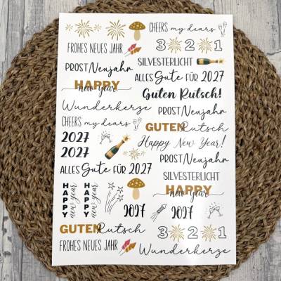 Kerzentattoo HAPPY NEW YEAR, A4, Wasserschiebefolie, Kerzenfolie, Kerzensticker, Silvester, Neujahr, 2027
