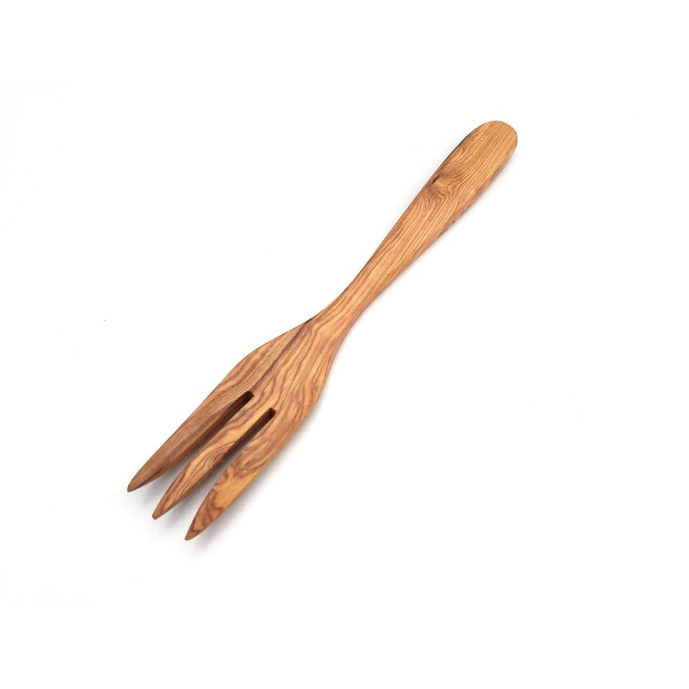 Serviergabel mit 3 Zacken 30 cm, Flach, Holzgabel, handgefertigt aus Olivenholz