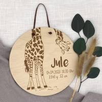 Namensschild, Geburtsschild, Holzschild mit Giraffe, personalisierbar aus Holz mit Geburtsdaten, für das Kinderzimmer zu