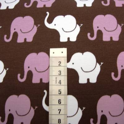 Baumwolljersey Elefantenparade Kaffee Rosa Weiß Braun – Ökotex Kinderstoff Meterware