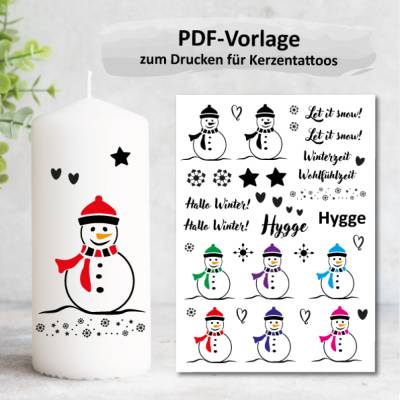 Kerzentattoo Kerzensticker Winter, PDF Vorlage farbig für Stumpenkerzen + Stabkerzen