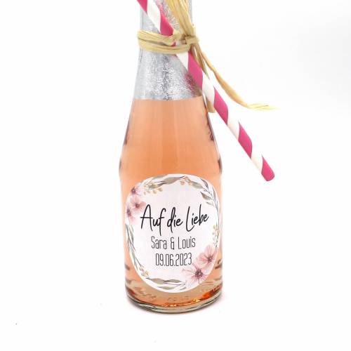 Aufkleber für Piccolo Sekt mit Namen und Datum Gastgeschenke JGA Junggesellinnenabschied Sekt-Etiketten  Boho Blumen