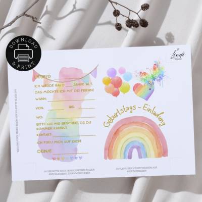 Einladung Regenbogen | Digitaler Druck | zum selbst Ausdrucken | PDF