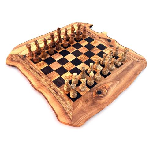 Schachspiel rustikal, Schachbrett Gr. XL inkl. Schachfiguren aus Marmor, handgemacht aus Olivenholz und Wenge