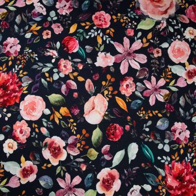 Jersey Organic Digital Baumwolljersey Stoff "Blumentraum Aquarell" nachtblau