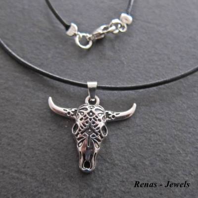 Herren Kette kurz mit Stier Kopf Anhänger silberfarben schwarz Lederband Männerkette Herrenkette mit 925 Silber