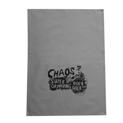 Chaos, Bio Geschirrtuch, graues Biobaumwolle, fair hergestellt. Siebdruck handbedruckt.