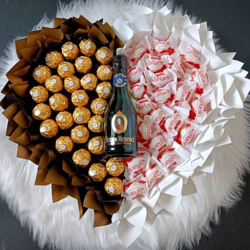 Essbarer Blumenstrauß - Black_White , Raffaello + Ferrero Rocher + Trocken Sekt