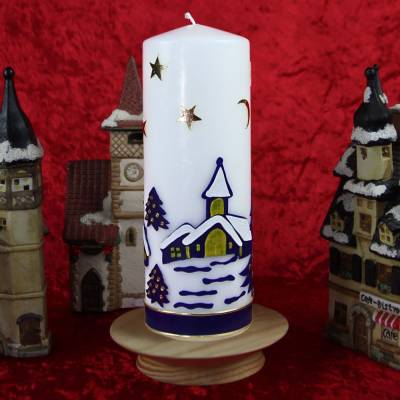 Weihnachtskerze personalisierbar – weiße Kerze mit Weihnachtsdorf, ideal als Weihnachtsgeschenk oder Adventsdeko