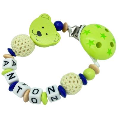 Schnullerkette mit Name personalisiert 3D Bär mit Häkelperle lemongrün blau mit Sternen für Jungen Nuckelhalter Teddybär