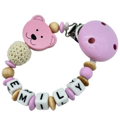 Schnullerkette mit Name personalisiert 3D Bär mit Häkelperle rosa natur für Mädchen Nuckelhalter Teddy