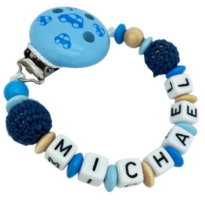 Schnullerkette mit Name personalisiert Autos mit Häkelperle blau hellblau skyblau natur für Jungen Nuckelhalter