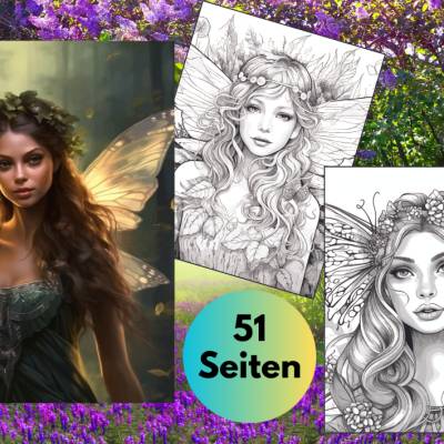 Waldfeen Malbuch Erwachsene 50 Seiten Kinder Sofort Download -Graustufen Malbuch Fantasy