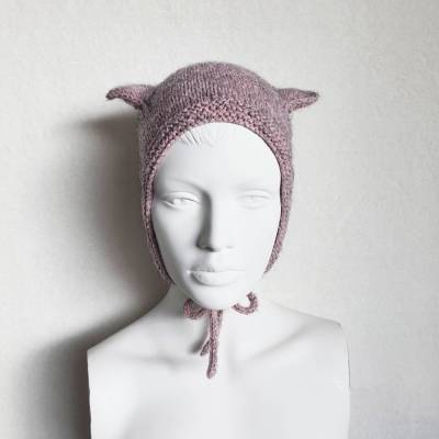 Handgefertigte Strickmütze mit Teufelsohren für Erwachsene, altrosa