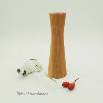 Kleine schlanke Vase – Gartenholz Pflaume handgedrechselt mit Glaseinsatz Unikat h: 17 cm