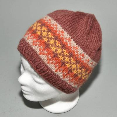 Strickmütze Wolle mit Alpaka Beanie rotbraun gemustert Fair Isle handgestrickt Universalgröße 