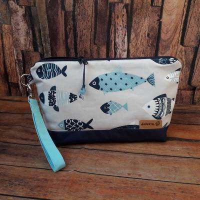 Kulturbeutel Fischeschwarm, Universaltasche, Gr. L, dunkelblau, mit Handschlaufe