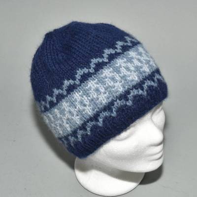 Strickmütze Wolle mit Alpaka Beanie blau gemustert Fair Isle handgestrickt Universalgröße