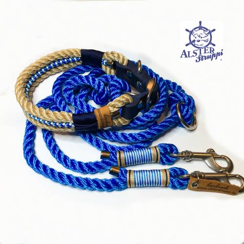 Leine Halsband Set verstellbar maritim, natur, blau weiß, mit Leder und Schnalle