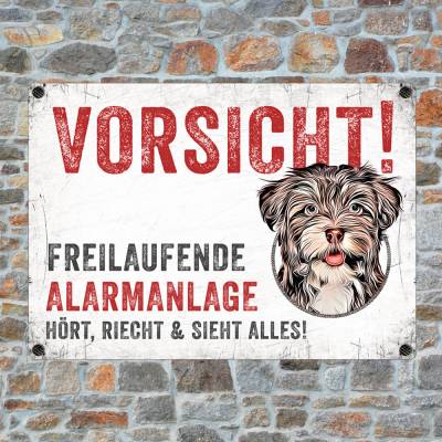 Hundeschild FREILAUFENDE ALARMANLAGE mit Havaneser, wetterbeständiges Warnschild