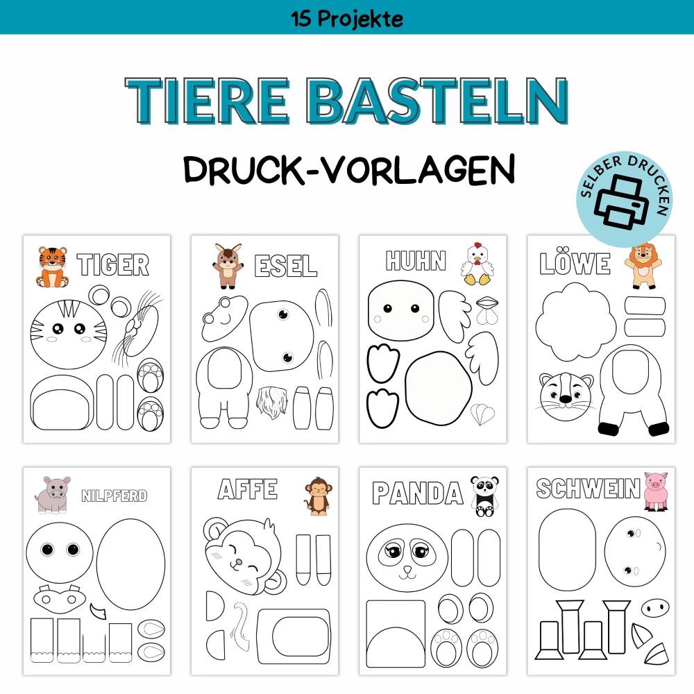Bastelvorlage Tiere für Kinder - Druckvorlage - Bastelideen zum Selberdrucken - Bastelbuch - Digitaler Download Bild 1