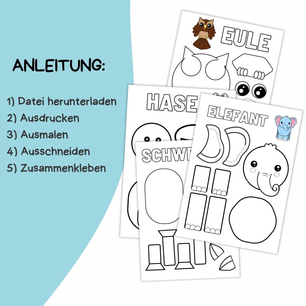 Bastelvorlage Tiere für Kinder - Druckvorlage - Bastelideen zum Selberdrucken - Bastelbuch - Digitaler Download Bild 3