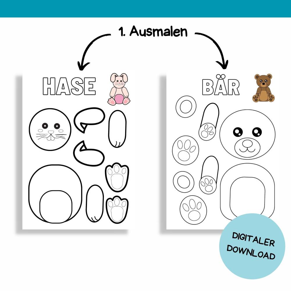 Bastelvorlage Tiere für Kinder - Druckvorlage - Bastelideen zum Selberdrucken - Bastelbuch - Digitaler Download Bild 4