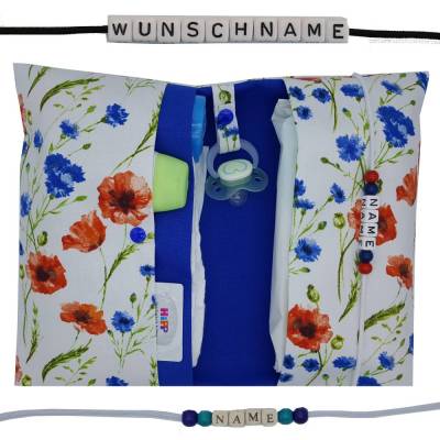 Windeltasche mit Name to go Wickeltasche XXL Mohn Kornblume weiß blau rot Windeletui Geschenk Geburt Taufe Mädchen Junge