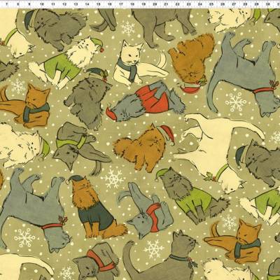 Patchworkstoff Christmas Cats – Zart grüner Baumwollstoff mit Katzen im Schneegestöber