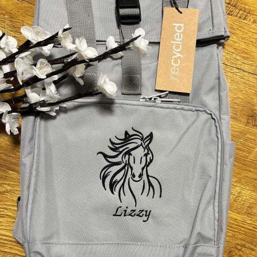 Rucksack bestickt / Pferdekopf / Roll Top Rucksack