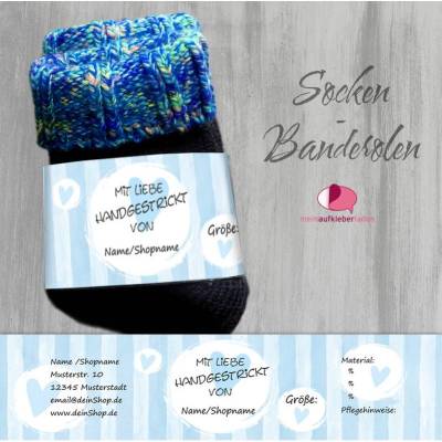 6 Sockenbanderolen: Mit Liebe handgestrickt - Blaue Streifen - Herzen - personalisierbar | mit transparente Klebepunkte
