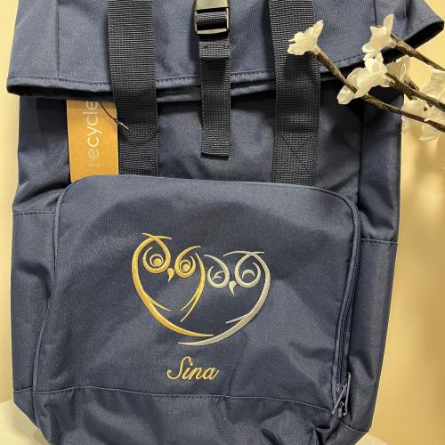 Rucksack bestickt / Eulen / Roll Top Rucksack