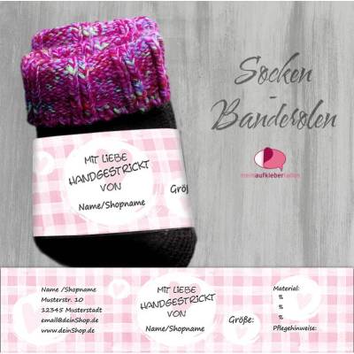 6 Sockenbanderolen: Mit Liebe handgestrickt - Rosa Vichykaros - Herzen - personalisierbar | mit transparente Klebepunkte