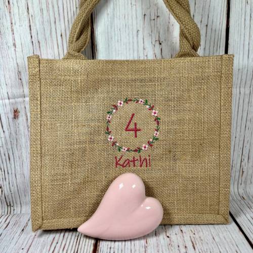 Jutetasche bestickt / Geburtstagstasche mit Zahl und Name