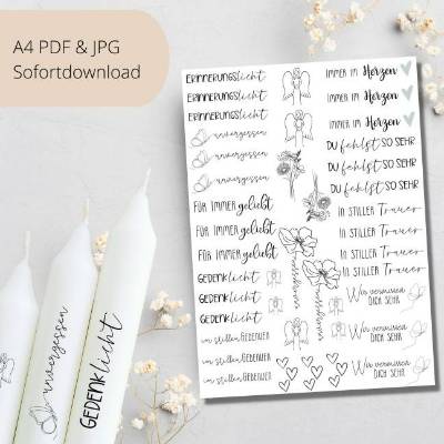 PDF Vorlage für Trauerkerze I Trauerlicht  I Kerzentattoo Stabkerzen Wasserschiebefolie | Druckvorlage Kerzensticker