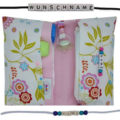 Windeltasche mit Name to go Wickeltasche XXL Blumenranke boho weiß rosa floral Windeletui Geschenk Geburt Taufe Mädchen