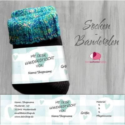6 Sockenbanderolen: Mit Liebe handgestrickt - Vichykaros grün - Herzen - personalisierbar | mit transparente Klebepunkte
