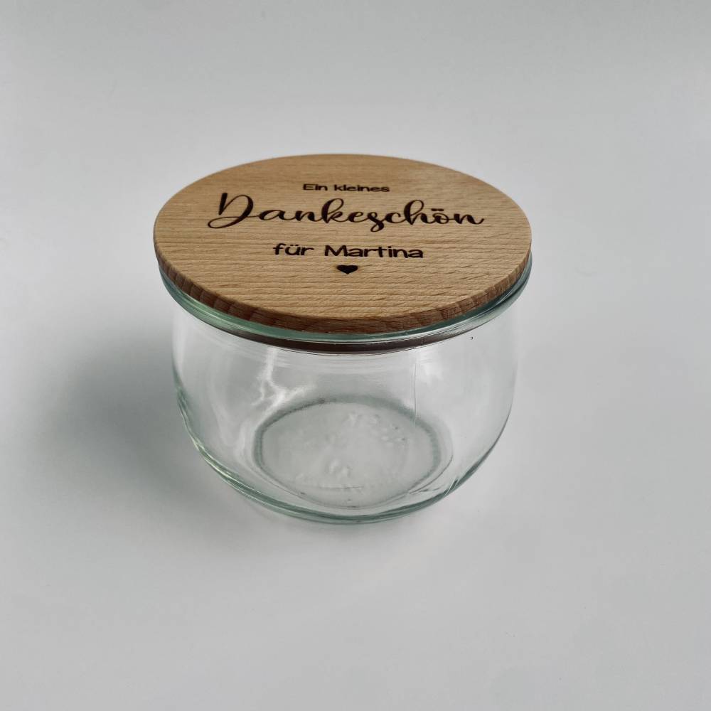 Personalisiertes Glas mit Holzdeckel, Dankeschön Geschenk, gelaserter Deckel