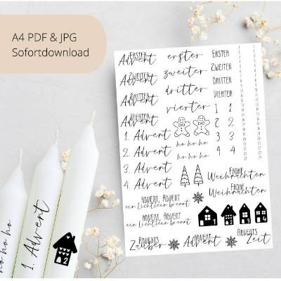 PDF Vorlage für Kerzen I Weihnachten | Adventskalender  I Kerzentattoo  Wasserschiebefolie | Druckvorlage Kerzensticker