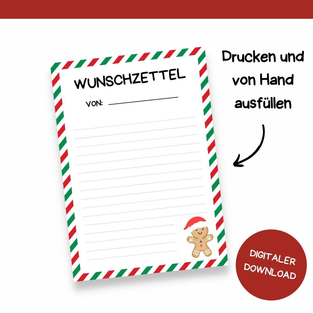 Wunschzettel für Weihnachten Druckvorlage - Wunschliste zum Selberdrucken - Weihnachtsmann - Digitaler Download Bild 4