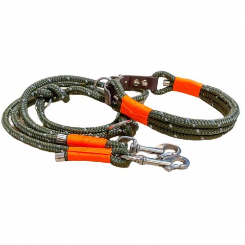 Hundeleine und Halsband Set, beides verstellbar, oliv reflektierend, neonorange, 8 oder 10 mm Stärke, Jagd Farben
