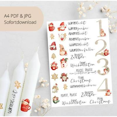 PDF Vorlage für Kerzen I Weihnachten | Wichtel I Kerzentattoo Stabkerzen Wasserschiebefolie | Druckvorlage Kerzensticker