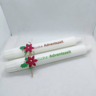 Stabkerze " besinnliche Adventszeit, mit Papierblume als Deko, grün oder rot