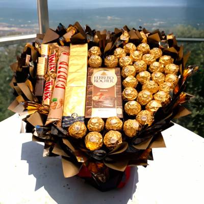 Essbarer Blumenstrauß - Glamour Set, Ferrero Rocher,  Ritter-Sport-mini, Giotto, Merci, Twix