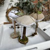 Herbstdeko 3er Set Pilze aus Leinen & Treibholz – Handgemachte Deko im Landhausstil