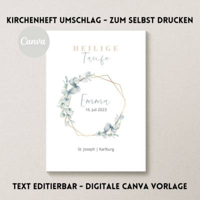 Canva Design | Kirchenheft Taufe digital | Eukalyptus Gold | Neutral | Personalisiert | Sofort Download | selbst druck