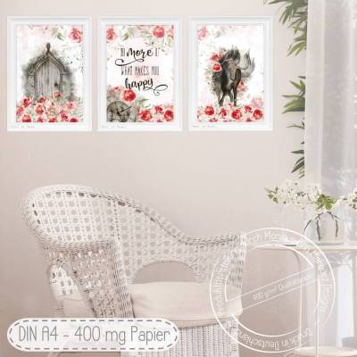 Landhaus Stil Poster Set | Do more of what makes you happy | Romantik Rosen Pferd Einhorn Bilder [A4]