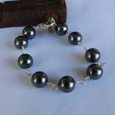Handgemachtes Glieder Armband mit schwarzen Muschelperlen & Silber Karabiner – Unikat vom Goldschmied, tolles Geschenk