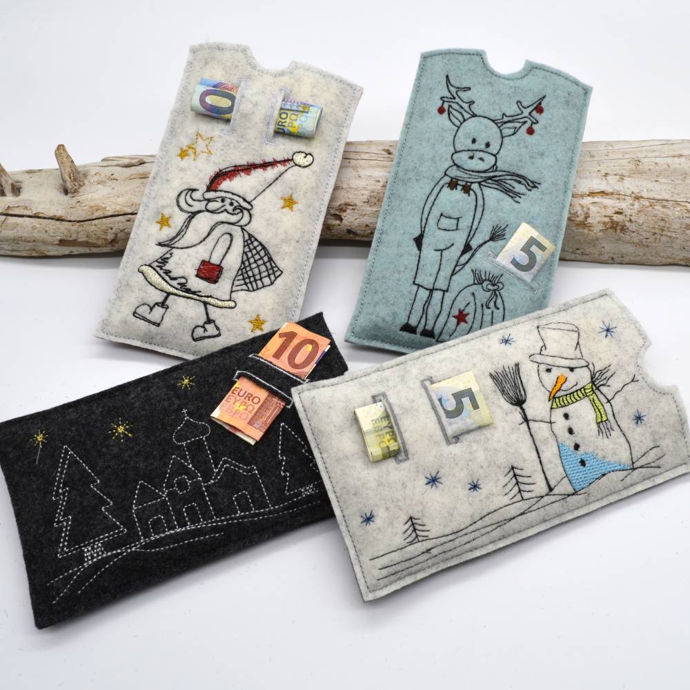Stickdatei Schokohülle Weihnachten Geldgeschenk Winterfiguren Bild 1