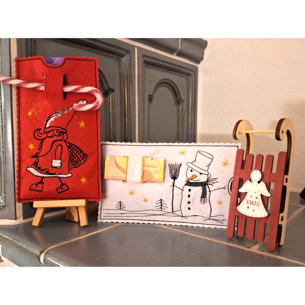 Stickdatei Schokohülle Weihnachten Geldgeschenk Winterfiguren Bild 2